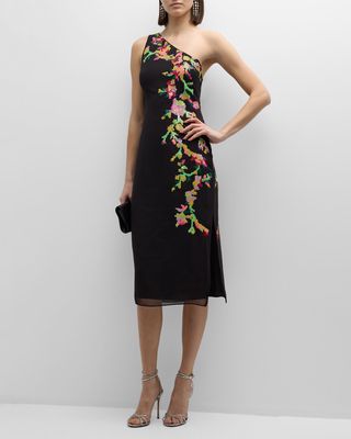 One-Shoulder Floral Sequin Midi Dress