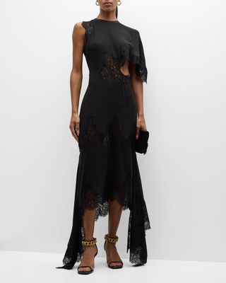 One-Shoulder High-Low Dress with Lace Detail