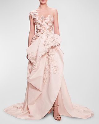 One-Shoulder Illusion Gown with Exposed Hip Drape