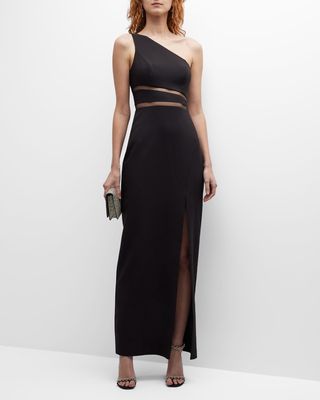 One-Shoulder Illusion-Inset Column Gown