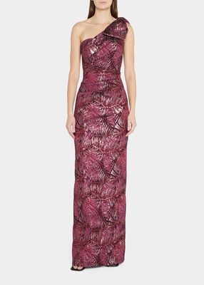One-Shoulder Jacquard Column Gown w/ Bow