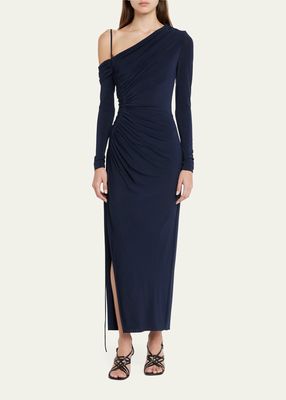 One Shoulder Jersey Midi Dress with Ruched Detail