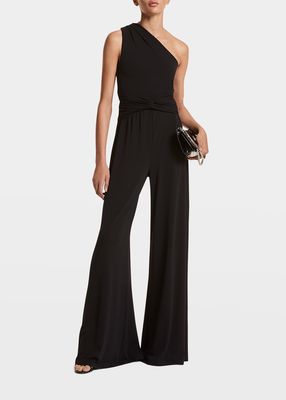 One-Shoulder Knot-Front Palazzo Jumpsuit