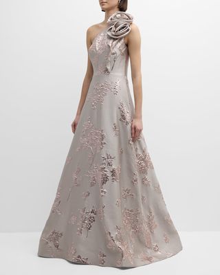 One-Shoulder Metallic Floral Jacquard Gown