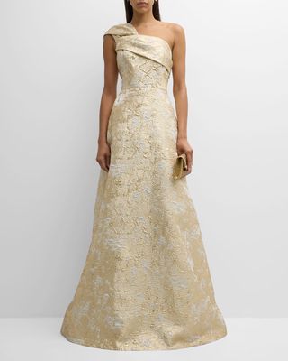 One-Shoulder Metallic Jacquard A-Line Gown