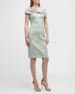 One-Shoulder Metallic Jacquard Midi Dress