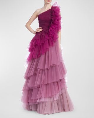 One-Shoulder Ombre Tiered Tulle Gown