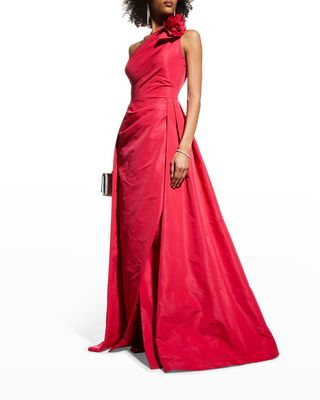 One-Shoulder Pleated Taffeta Gown