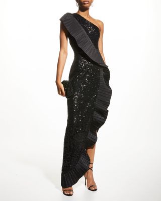 One-Shoulder Pleated Taffeta Sequin Gown