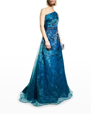One-Shoulder Printed Organza A-Line Gown
