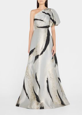 One-Shoulder Puff-Sleeve Jacquard Gown
