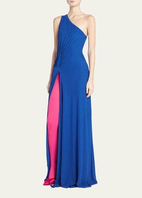 One-Shoulder Ruched Crepe Gown with Slit