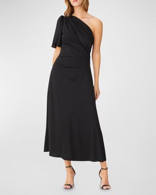 One-Shoulder Ruched Jersey Midi Dress