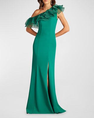 One-Shoulder Ruffle Crepe Column Gown