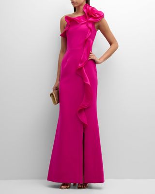 One-Shoulder Ruffle Crepe Gown