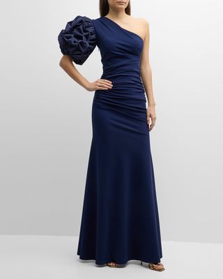One-Shoulder Ruffle-Sleeve Trumpet Gown