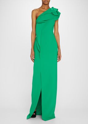 One-Shoulder Ruffled Crepe Gown