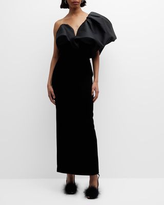 One-Shoulder Sculptural Puff-Sleeve Tea-Length Dress