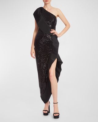 One-Shoulder Sequin Ruffle High-Low Gown