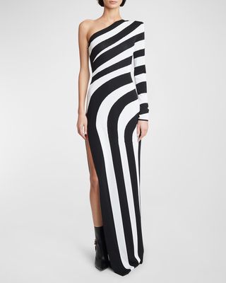 One-Shoulder Striped Knit Gown with Slit