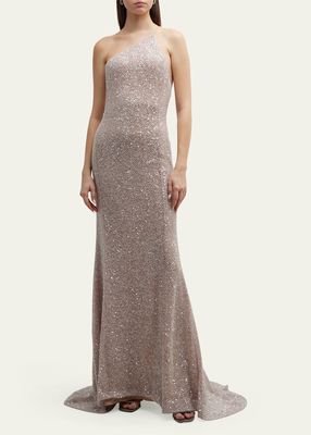 One-Shoulder Trumpet Gown with Beaded and Sequin Detail