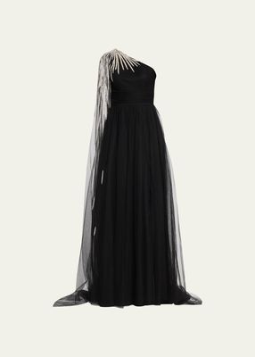 One-Shoulder Tulle Starburst Embroidered Cape-Sleeve Gown