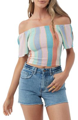 O'Neill Ally Stripe Smocked Off the Shoulder Crop Top in Multi Colored