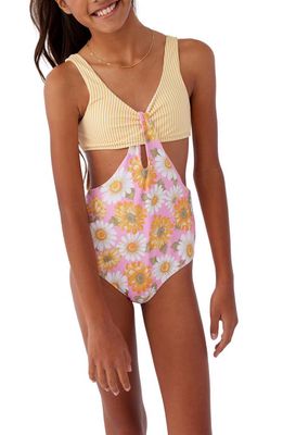 O'Neill Kids' Sunnyside Floral & Stripe Looped One-Piece Swimsuit in Pink