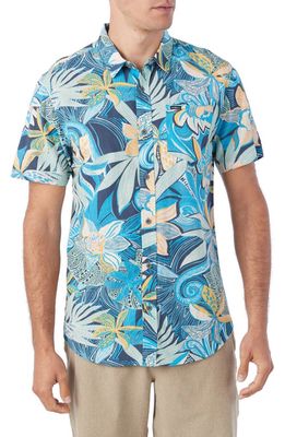 O'Neill Oasis Modern Fit Tropical Print Short Sleeve Button-Up Shirt in Mdt Blue