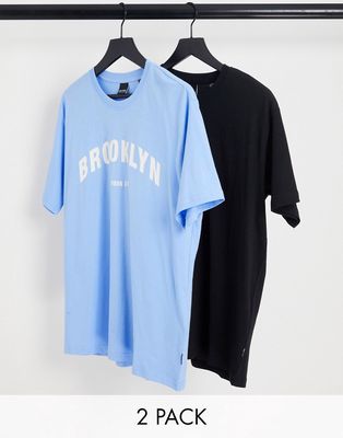 Only & Sons 2 pack oversized Brooklyn T-shirts in blue & black-Multi