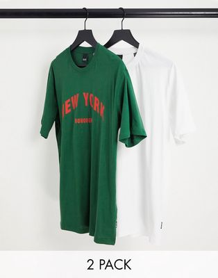 Only & Sons 2 pack oversized New York T-shirts in white & dark green-Multi