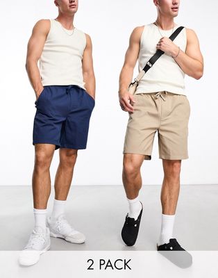 Only & Sons 2 pack twill shorts in navy & beige-Neutral