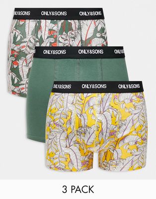 Only & Sons 3-pack trunks in khaki floral print-Green