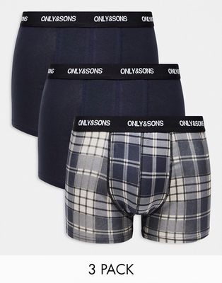 Only & Sons 3 pack trunks in navy check