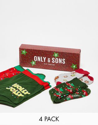 Only & Sons 4 pack Christmas trunks & socks advent calendar-Multi
