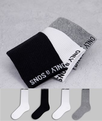 Only & Sons 4 pack sport socks with logo in multi