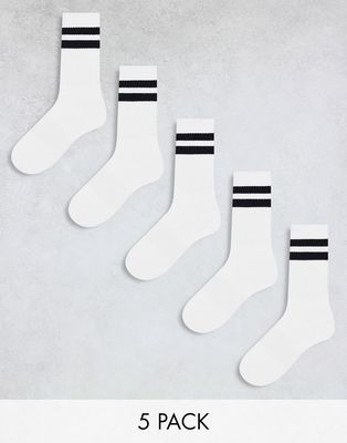 Only & Sons 5-pack tennis socks with black stripe in white
