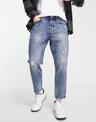 Only & Sons Avi tapered crop jeans with distressing in light blue