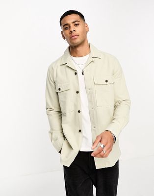 Only & Sons brushed cotton worker overshirt in beige-Gray