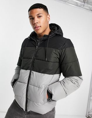 Only & Sons color block puffer jacket with hood in black & gray