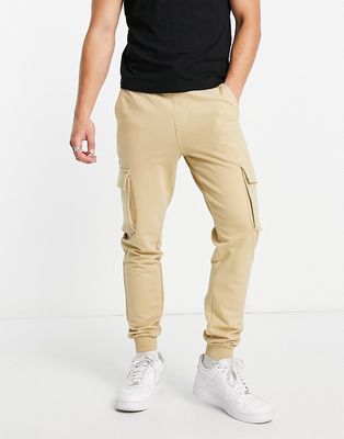 Only & Sons cotton cargo sweatpants in beige-Neutral
