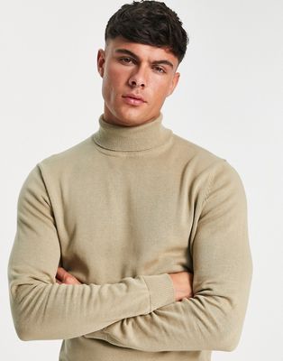 Only & Sons cotton roll neck sweater in beige-Neutral