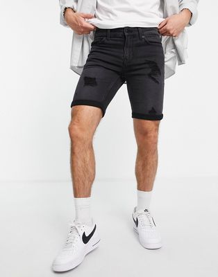 Only & Sons denim shorts in slim fit with distressing in black