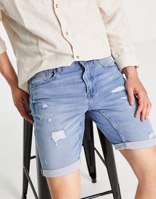 Only & Sons denim shorts in slim fit with distressing in light wash-Blue