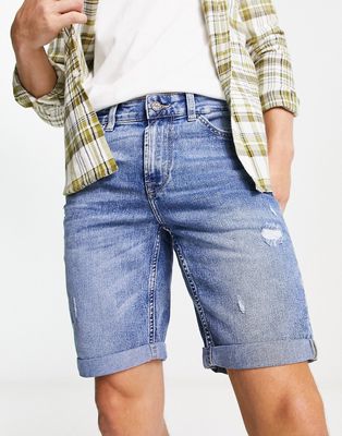 Only & Sons distressed denim shorts in mid wash blue
