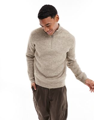Only & Sons faux wool half zip sweater in beige-Neutral