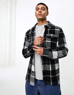 Only & Sons fleece check overshirt in black