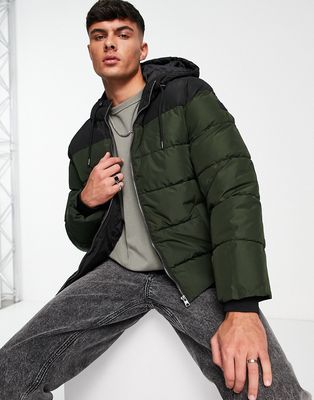 Only & Sons heavy weight hooded puffer jacket in black and khaki-Navy
