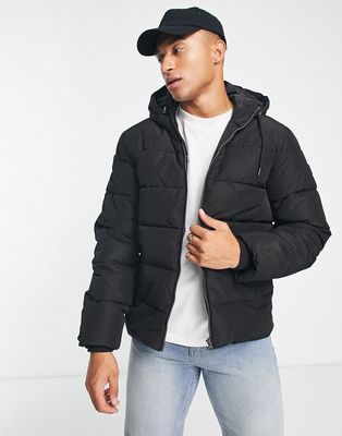 Only & Sons heavy weight hooded puffer jacket in black