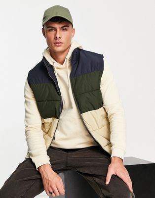 Only & Sons heavy weight quilted vest in navy color block
